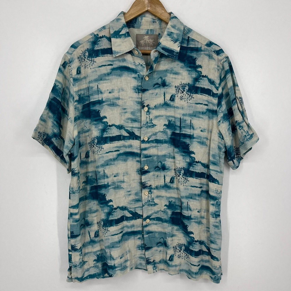 Margaritaville Mens Silk Linen Tropical Compass Print Button‎ Up Shirt Blue M